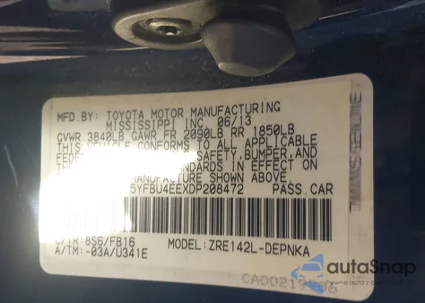 2013 Toyota Corolla Le z USA, uszkodzony, nr VIN 5YFBU4EEXDP208472